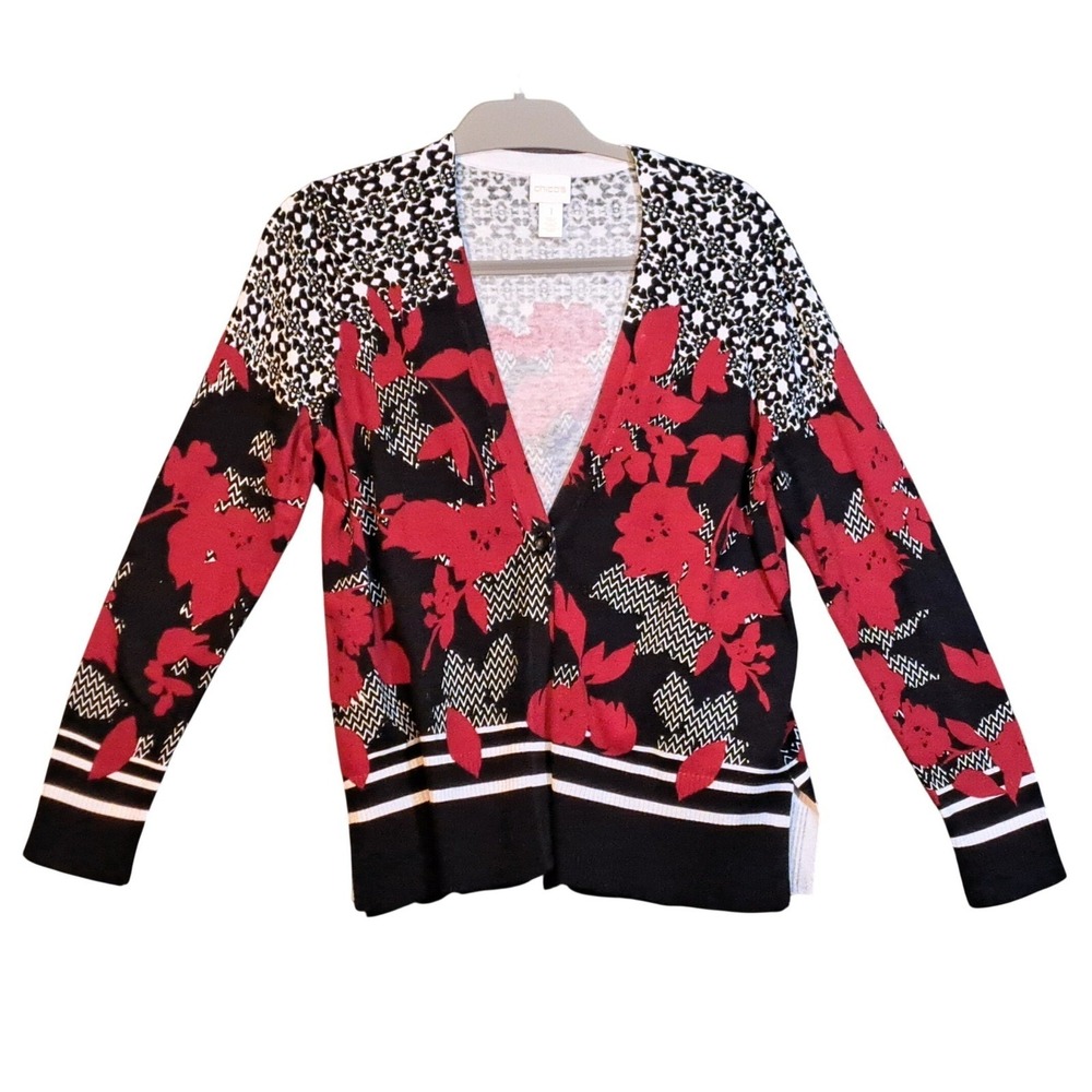 Chicos Cardigan Sweater Size 1 Red Floral Black White‎ Geometric Print V-Neck